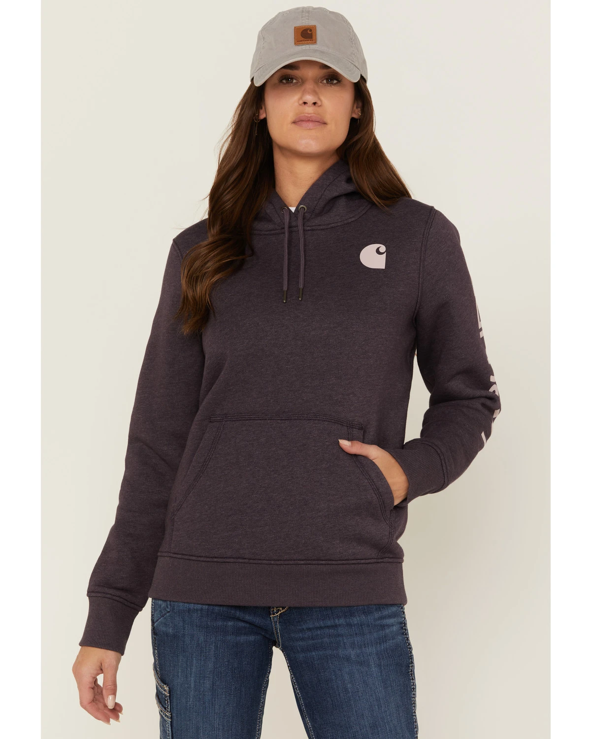 Carhartt Women's Gray Relaxed Midweight Logo Sleeve Graphic Hooded Sweatshirt 1 Carhartt Women's Gray Relaxed Midweight Logo Sleeve Graphic Hooded Sweatshirt